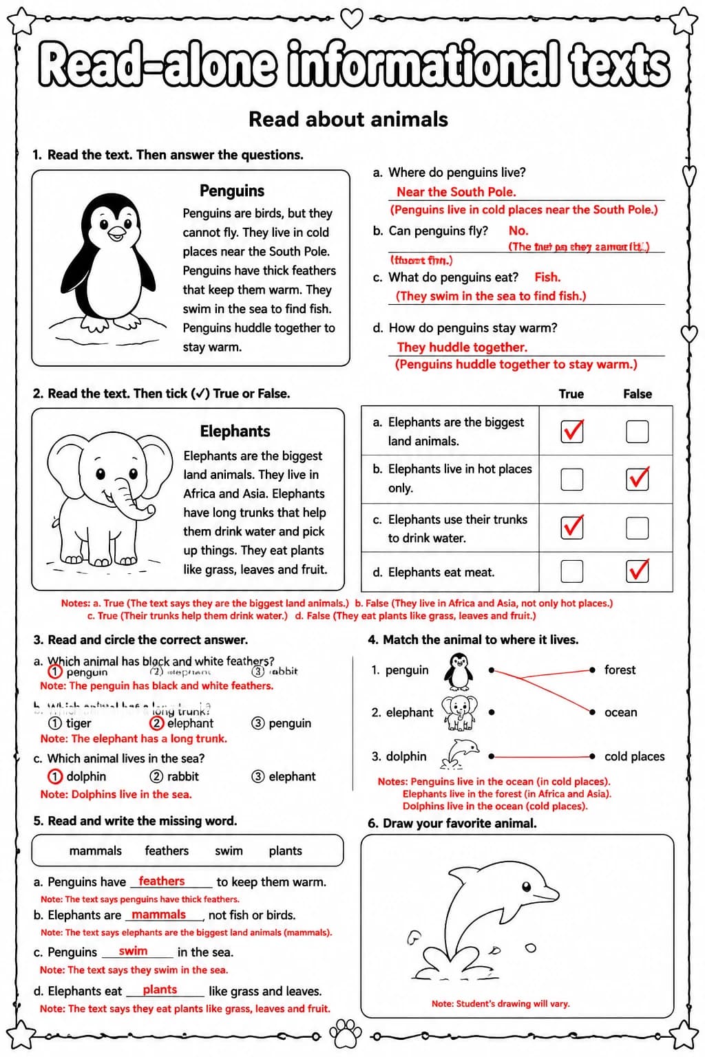 Answer key for Read about animals — free printable English & Reading worksheet