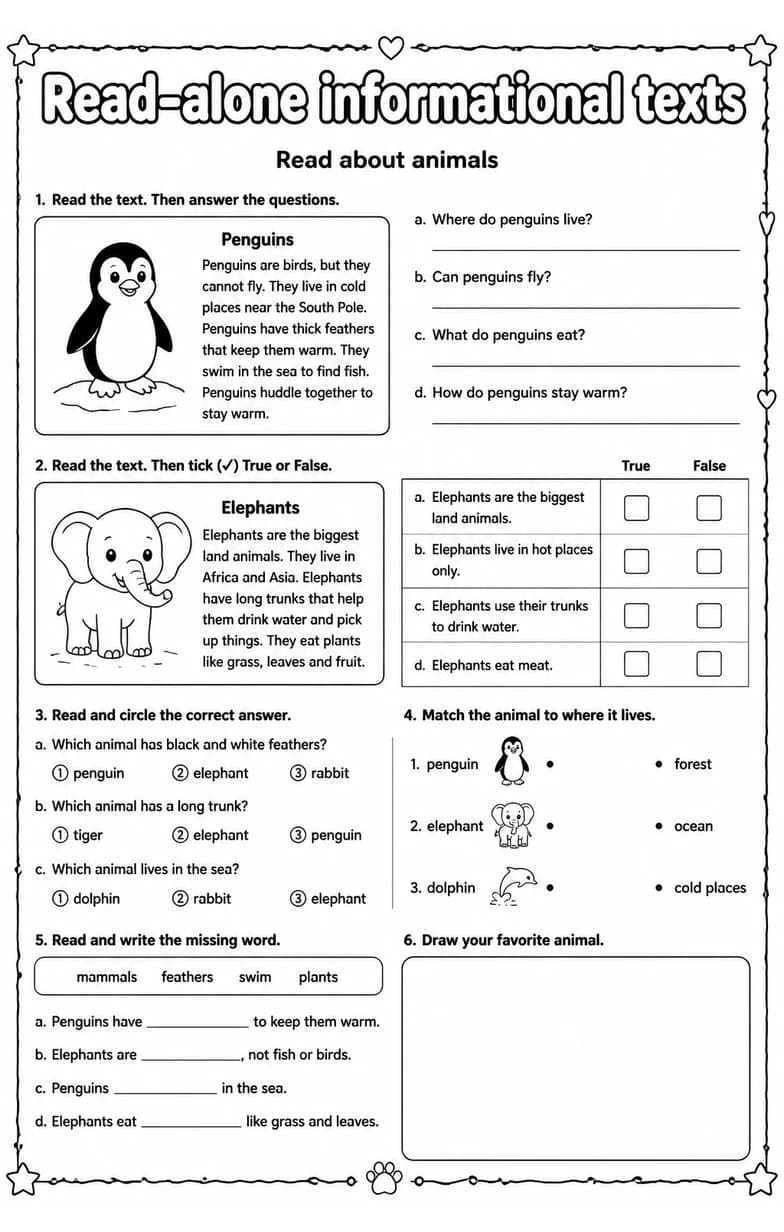 Read about animals — free printable Grade 2 English & Reading worksheet