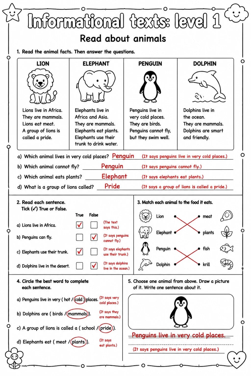 Answer key for Read about animals — free printable English & Reading worksheet