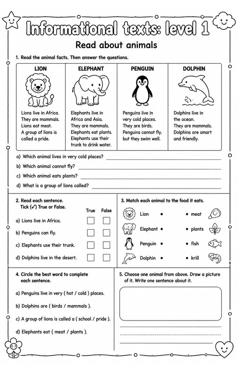 Read about animals — free printable Grade 3 English & Reading worksheet