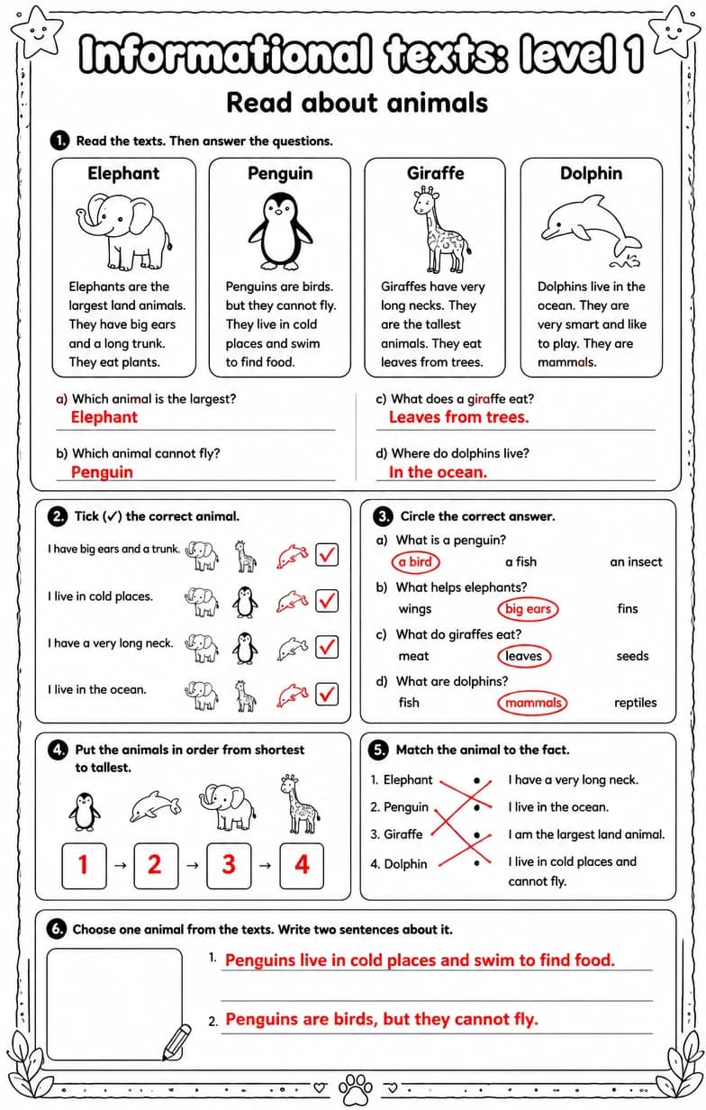 Answer key for Read about animals — free printable English & Reading worksheet
