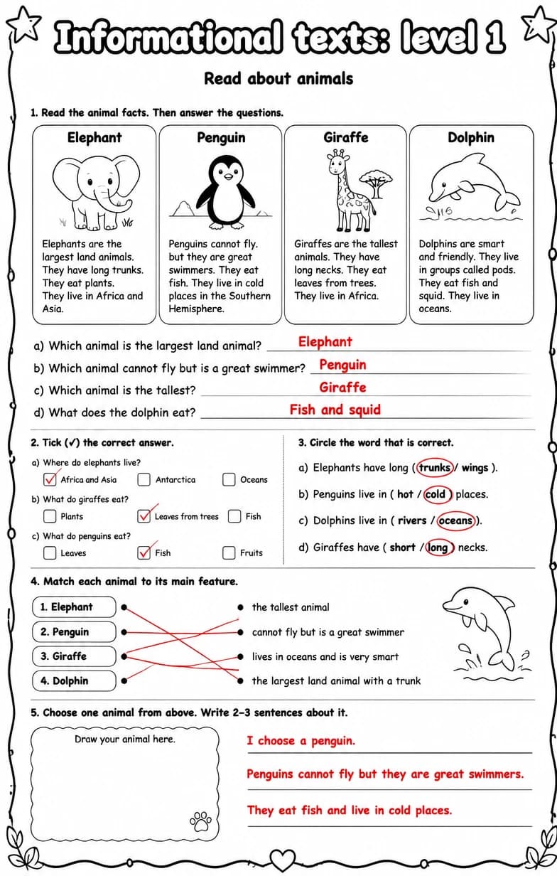 Answer key for Read about animals — free printable English & Reading worksheet