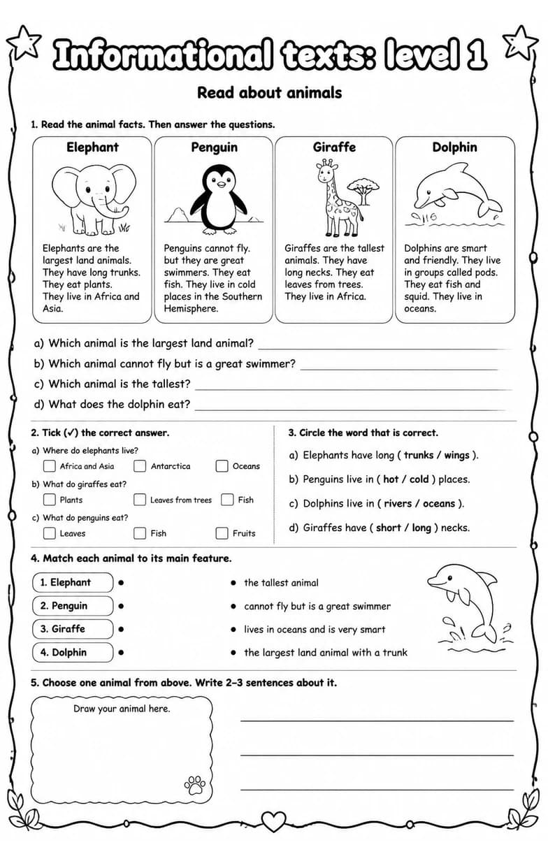 Read about animals — free printable Reading strategies English worksheet