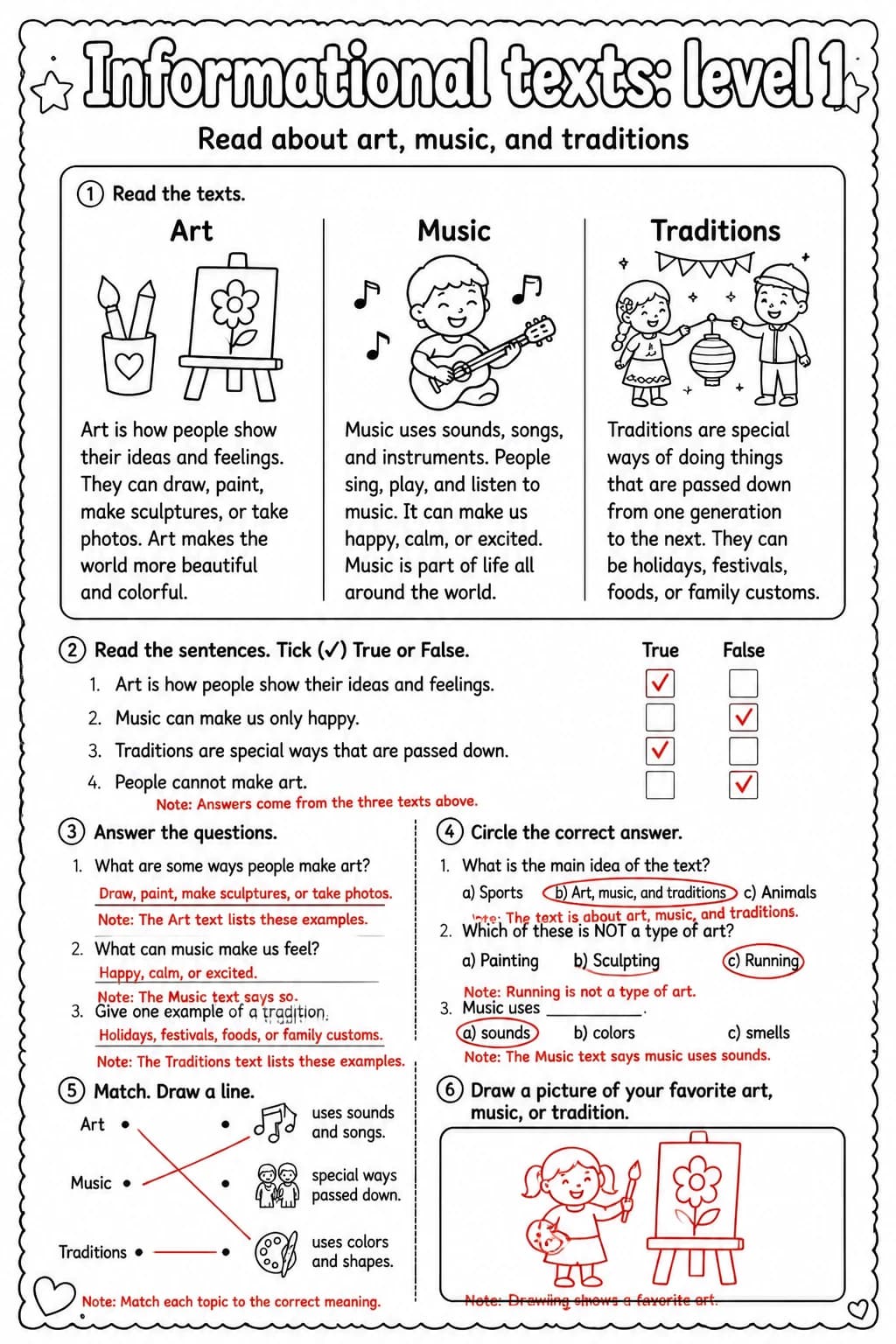 Answer key for Read about art, music, and traditions — free printable English & Reading worksheet
