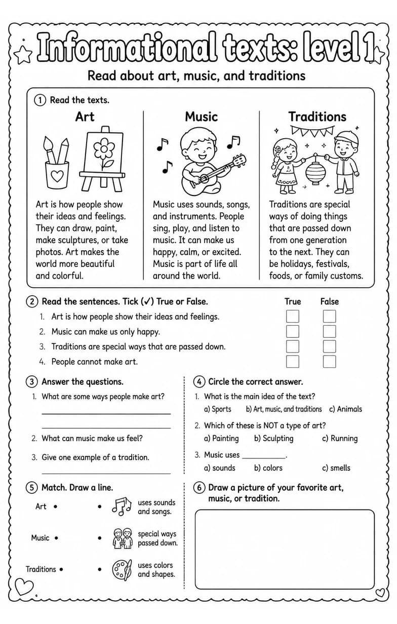 Read about art, music, and traditions — free printable Reading strategies English worksheet