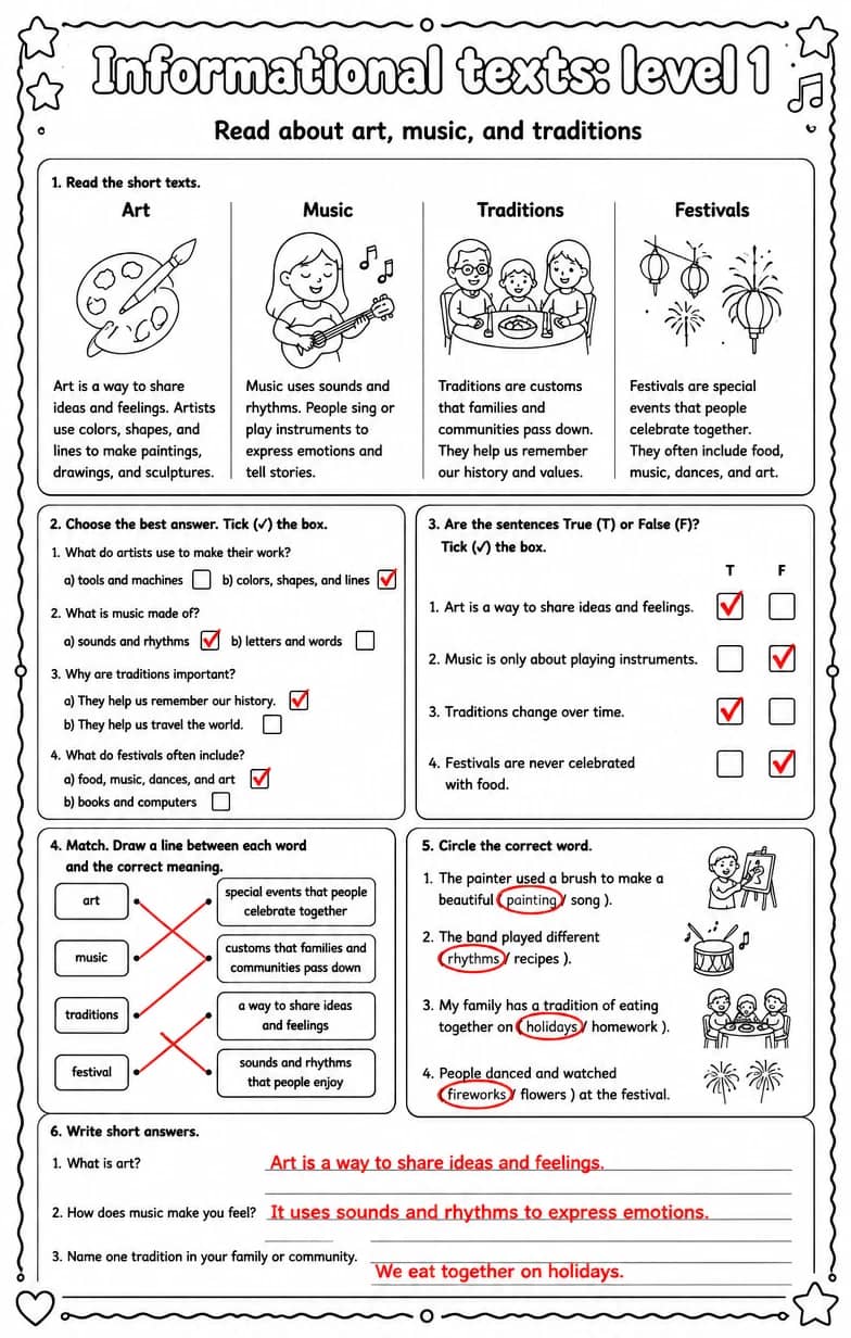 Answer key for Read about art, music, and traditions — free printable English & Reading worksheet