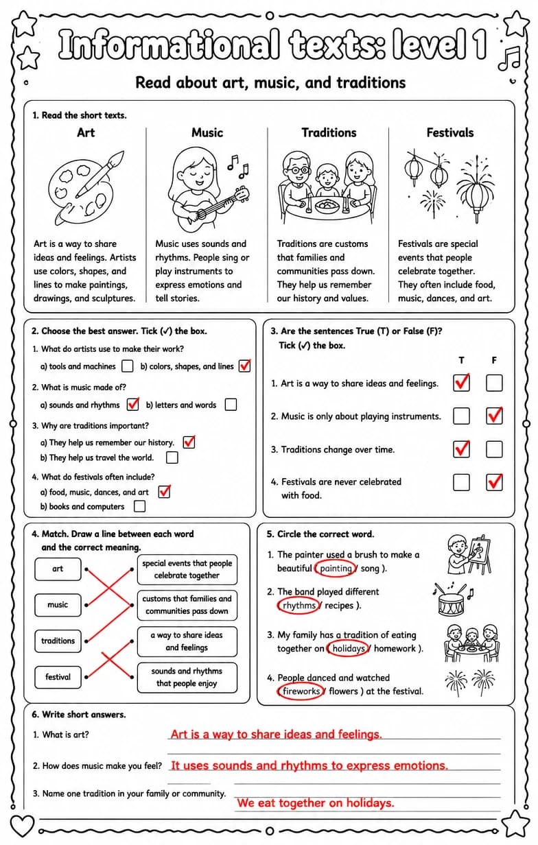 Answer key for Read about art, music, and traditions — free printable English & Reading worksheet