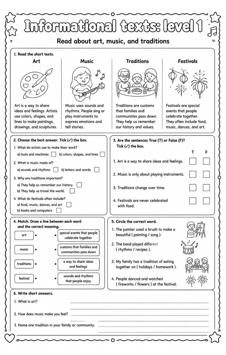 Read about art, music, and traditions — free printable Reading strategies English worksheet