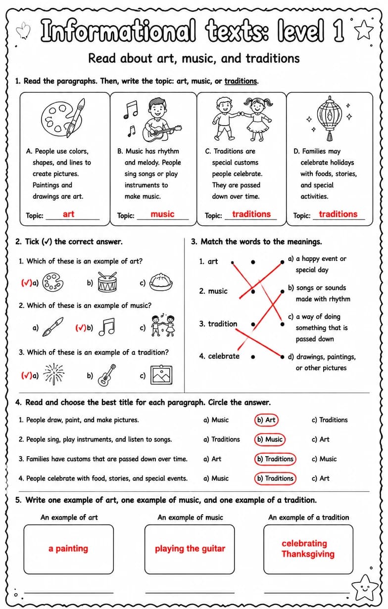 Answer key for Read about art, music, and traditions — free printable English & Reading worksheet