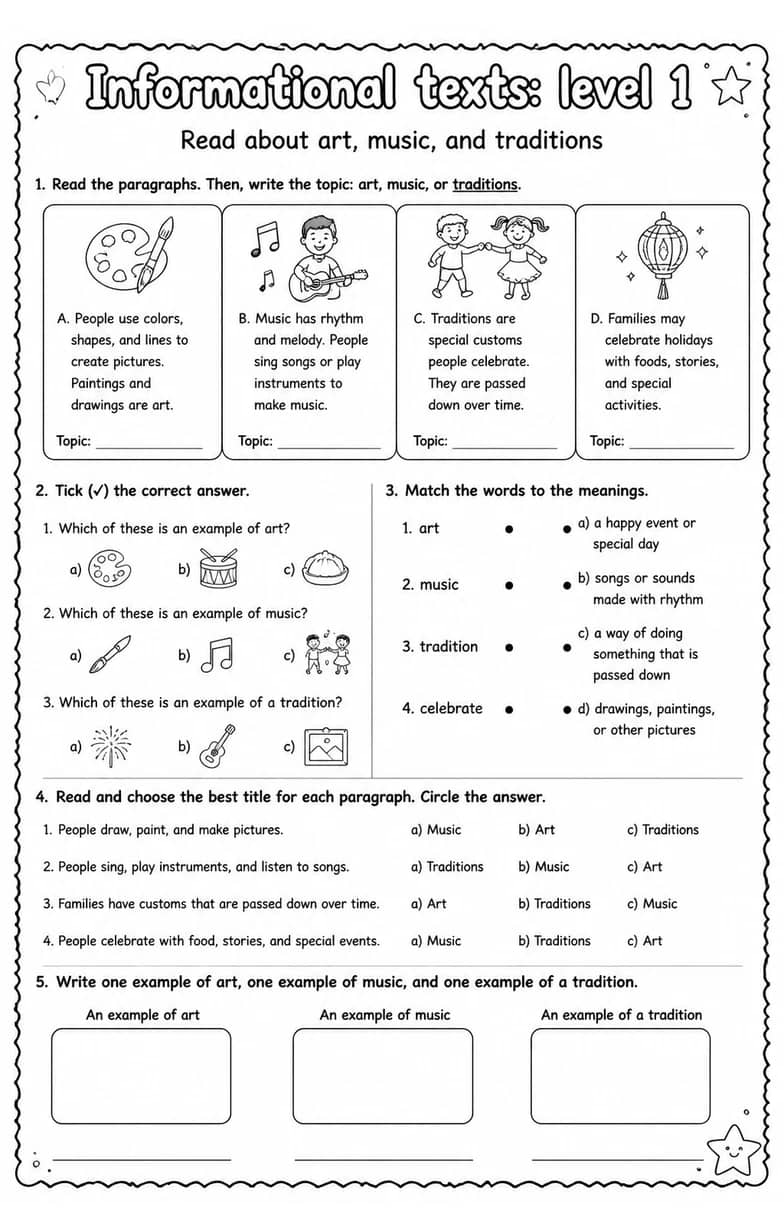 Read about art, music, and traditions — free printable Reading strategies English worksheet