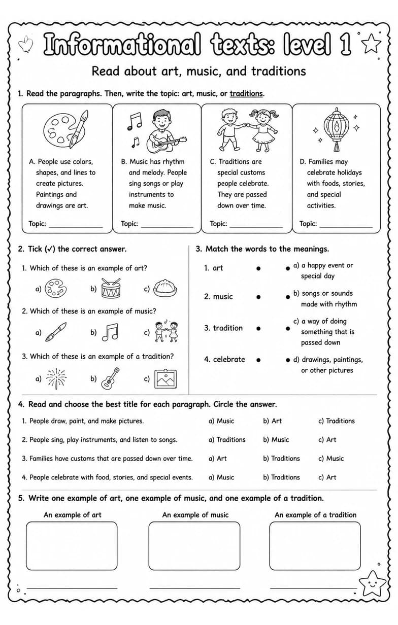 Read about art, music, and traditions — free printable Grade 5 English & Reading worksheet