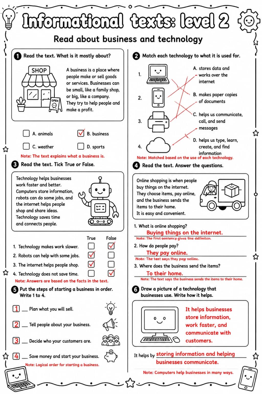Answer key for Read about business and technology — free printable English & Reading worksheet