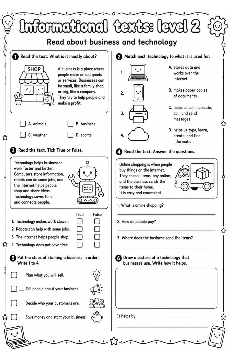 Read about business and technology — free printable Grade 3 English & Reading worksheet