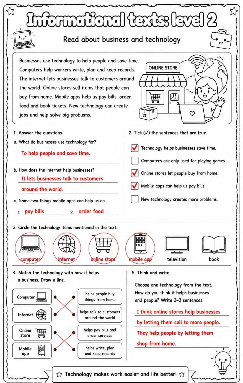 Answer key for Read about business and technology — free printable English & Reading worksheet