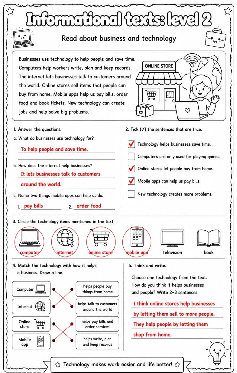 Answer key for Read about business and technology — free printable English & Reading worksheet