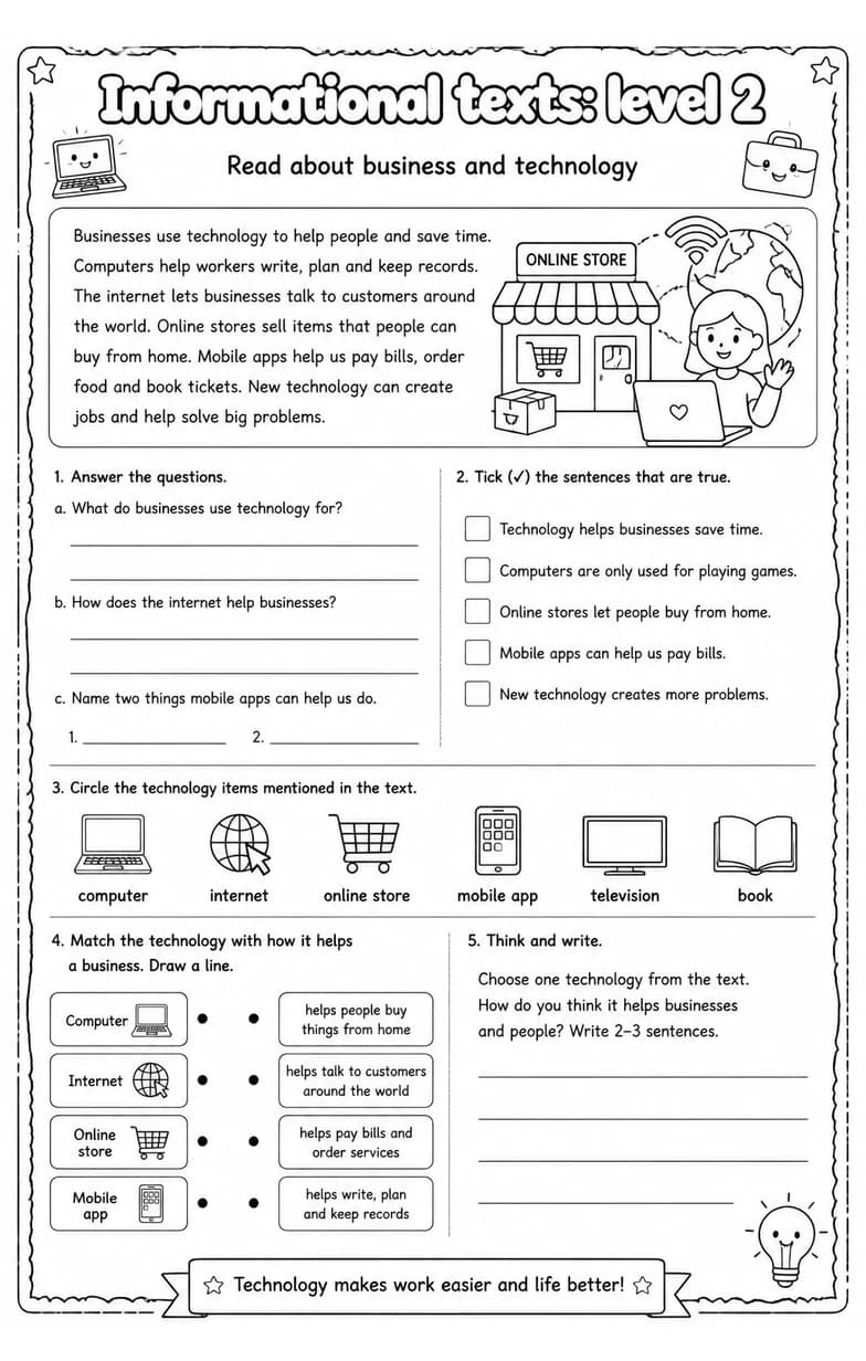 Read about business and technology — free printable Reading strategies English worksheet