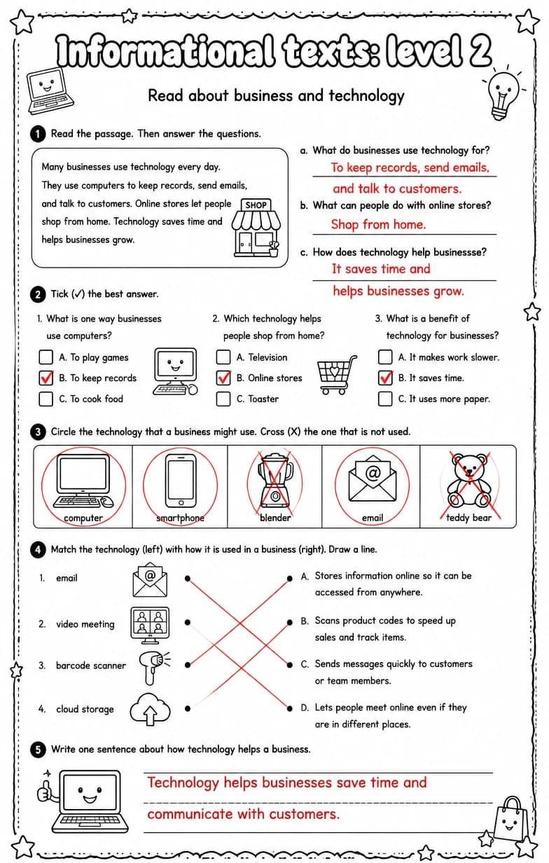 Answer key for Read about business and technology — free printable English & Reading worksheet