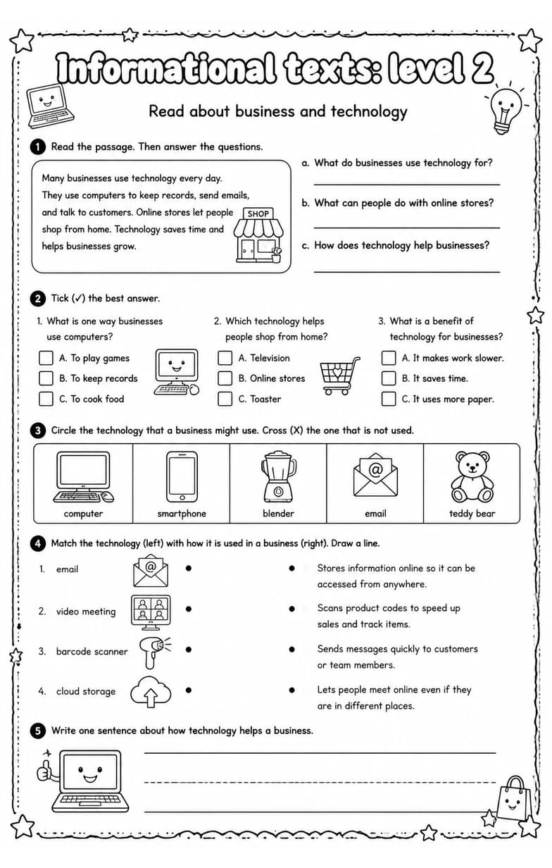 Read about business and technology — free printable Reading strategies English worksheet