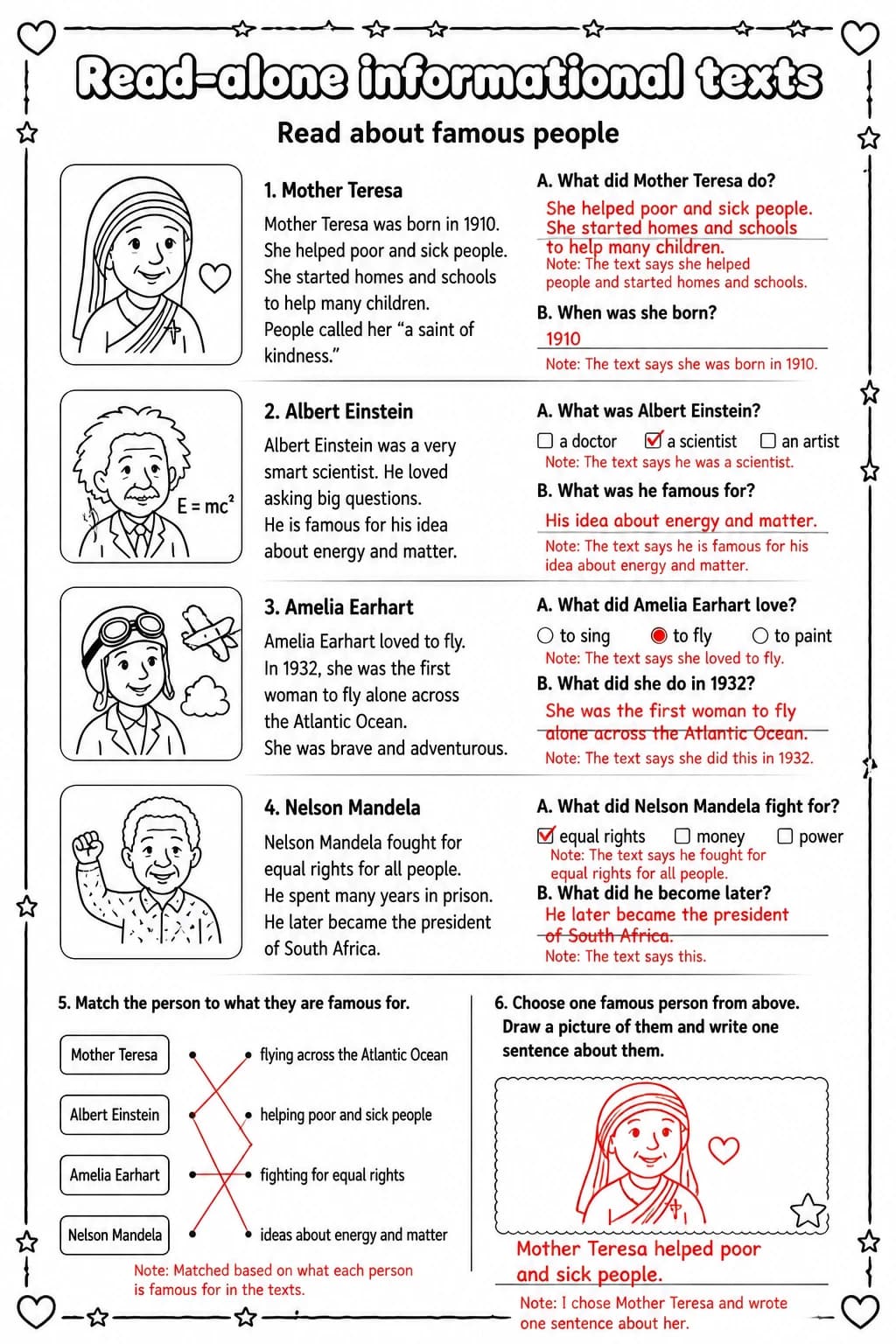 Answer key for Read about famous people — free printable English & Reading worksheet