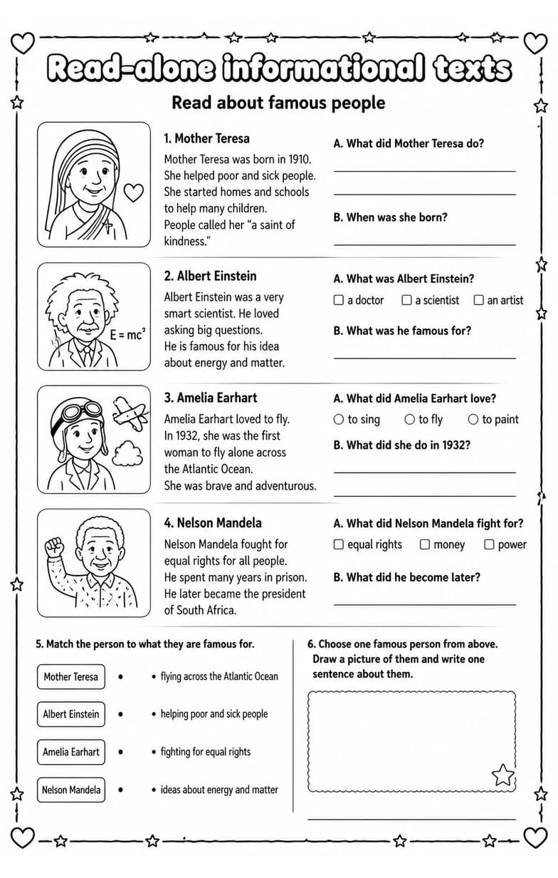 Read about famous people — free printable Grade 2 English & Reading worksheet