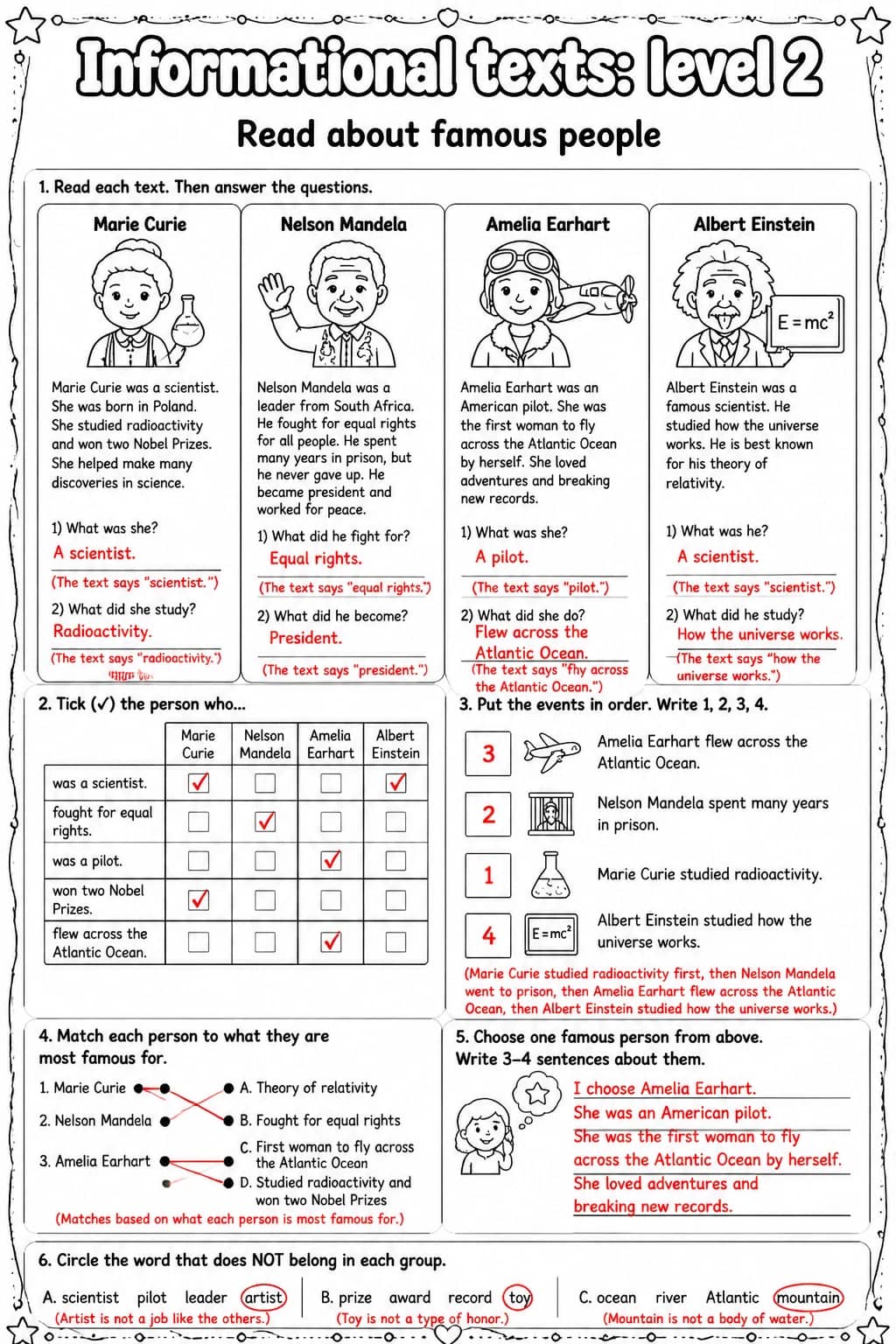 Answer key for Read about famous people — free printable English & Reading worksheet