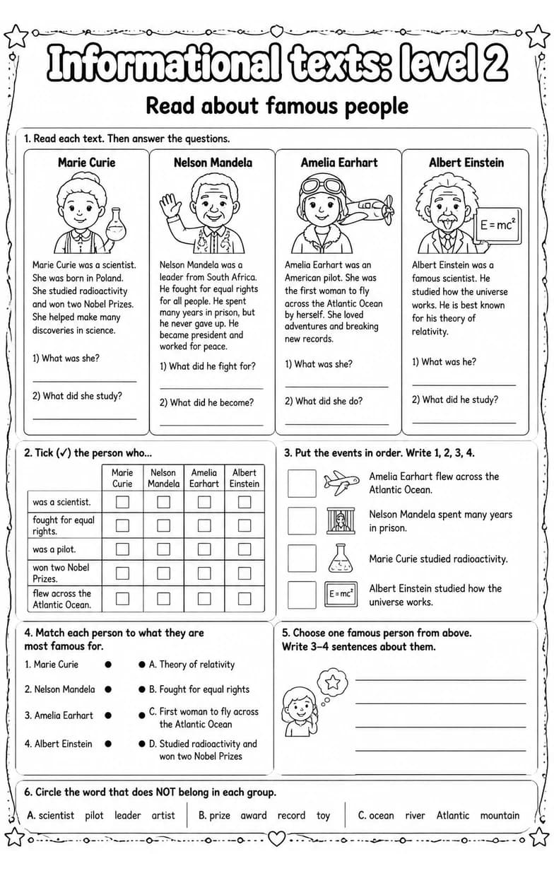 Read about famous people — free printable Grade 3 English & Reading worksheet