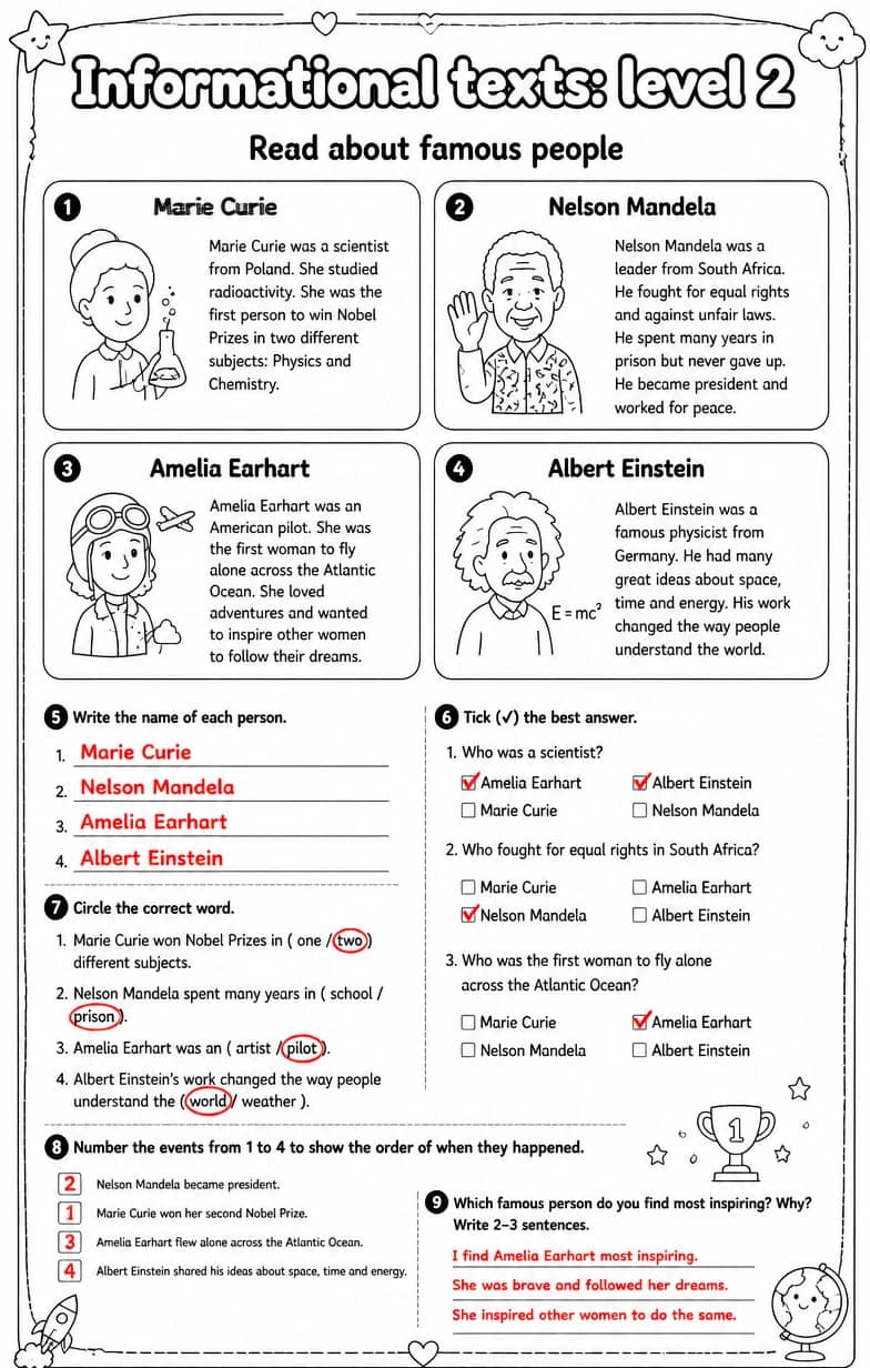 Answer key for Read about famous people — free printable English & Reading worksheet