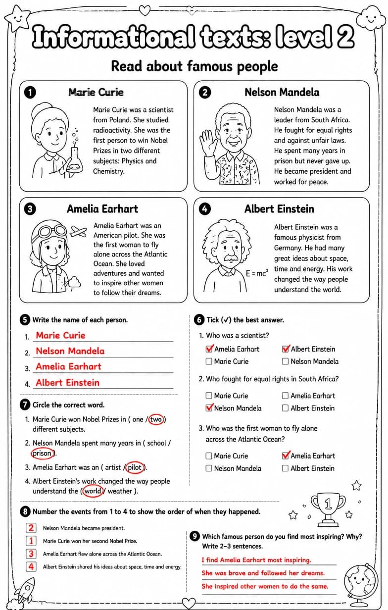 Answer key for Read about famous people — free printable English & Reading worksheet