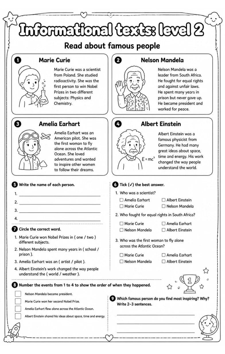 Read about famous people — free printable Grade 4 English & Reading worksheet