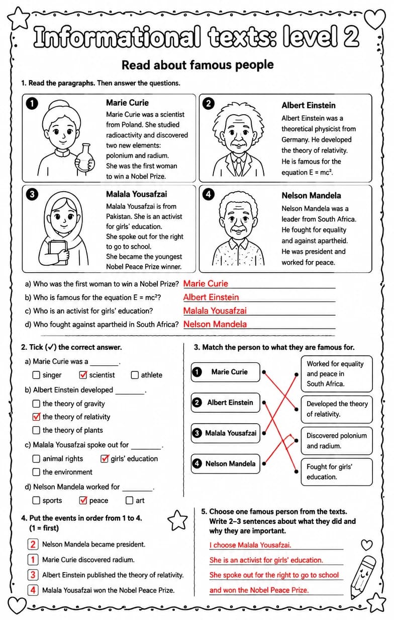 Answer key for Read about famous people — free printable English & Reading worksheet
