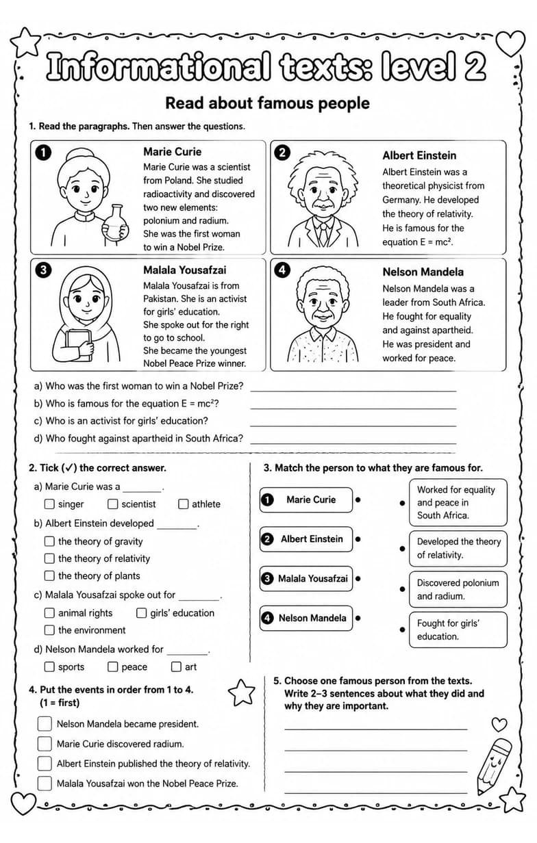 Read about famous people — free printable Grade 5 English & Reading worksheet