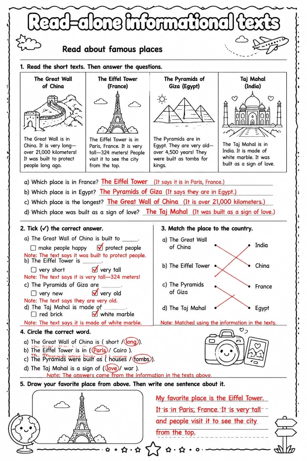 Answer key for Read about famous places — free printable English & Reading worksheet