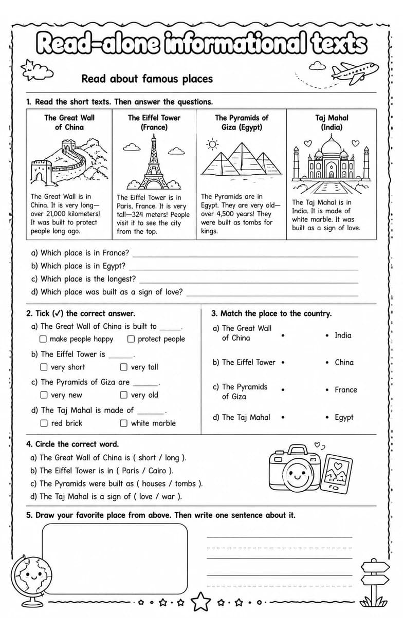 Read about famous places — free printable Grade 1 English & Reading worksheet