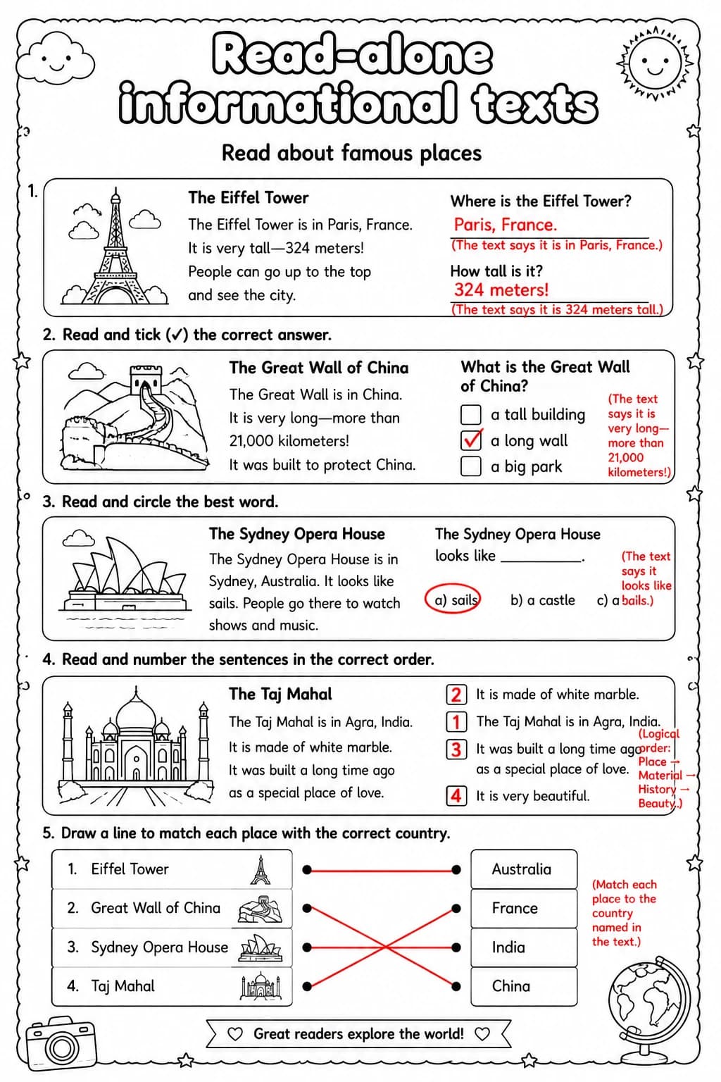 Answer key for Read about famous places — free printable English & Reading worksheet