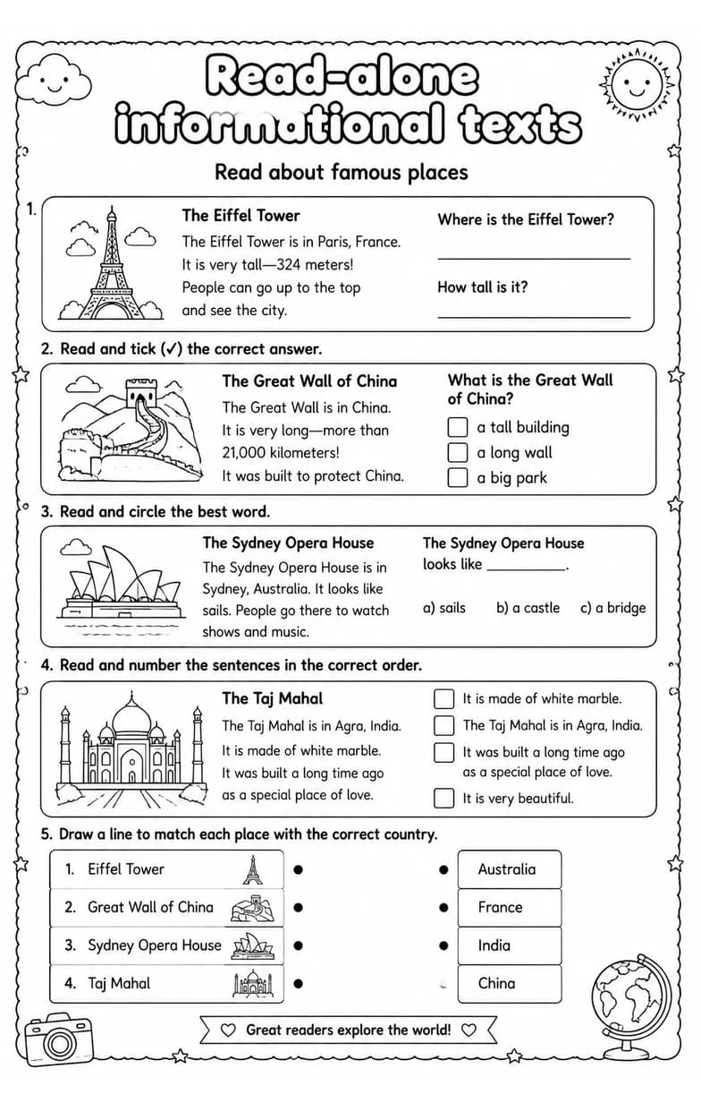 Read about famous places — free printable Reading strategies English worksheet