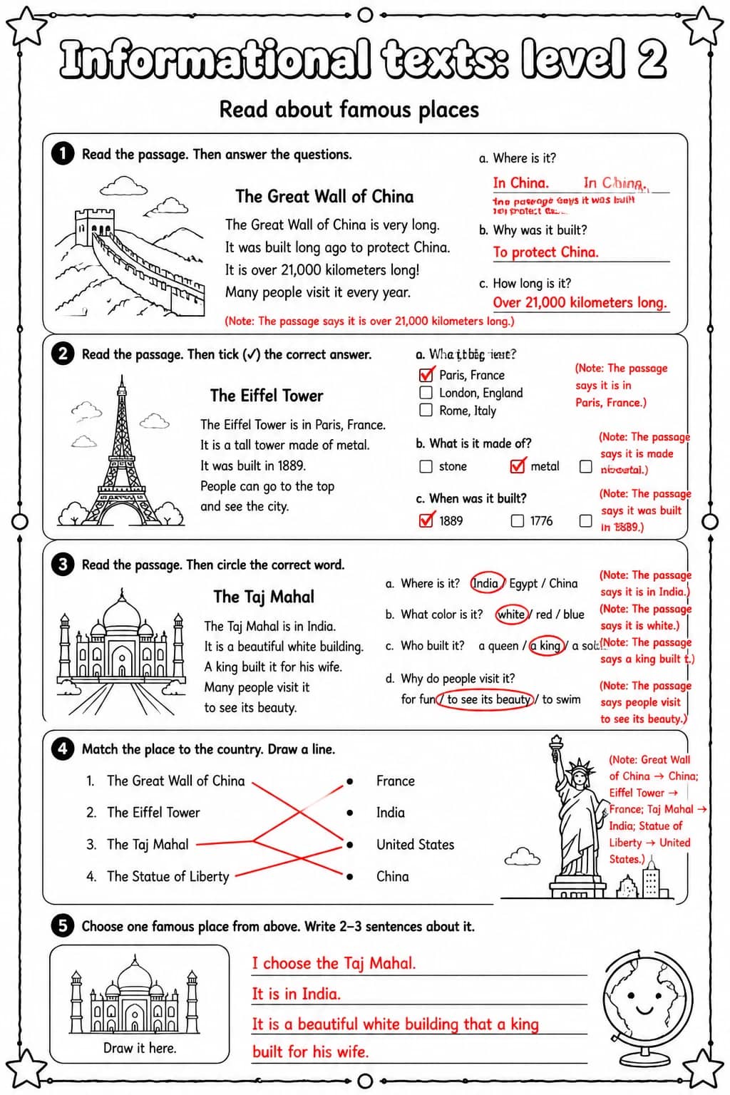 Answer key for Read about famous places — free printable English & Reading worksheet