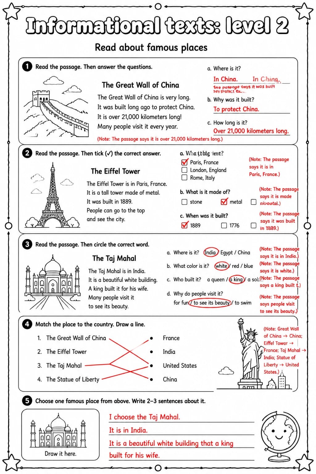 Answer key for Read about famous places — free printable English & Reading worksheet