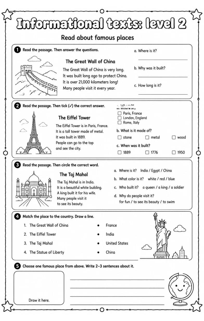 Read about famous places — free printable Reading strategies English worksheet