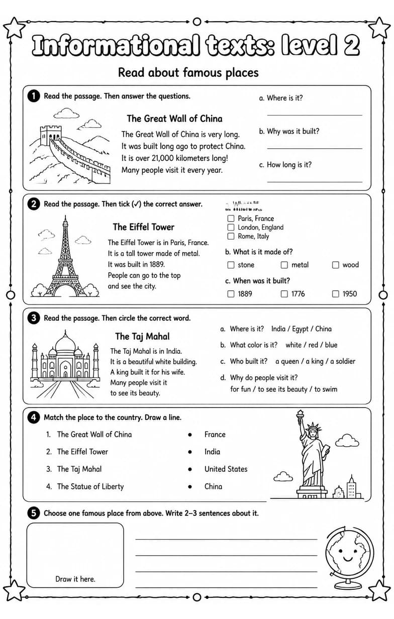 Read about famous places — free printable Reading strategies English worksheet