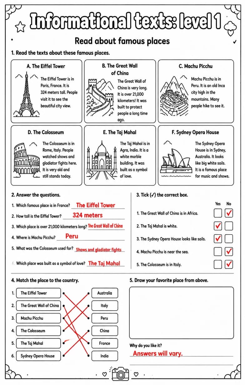 Answer key for Read about famous places — free printable English & Reading worksheet
