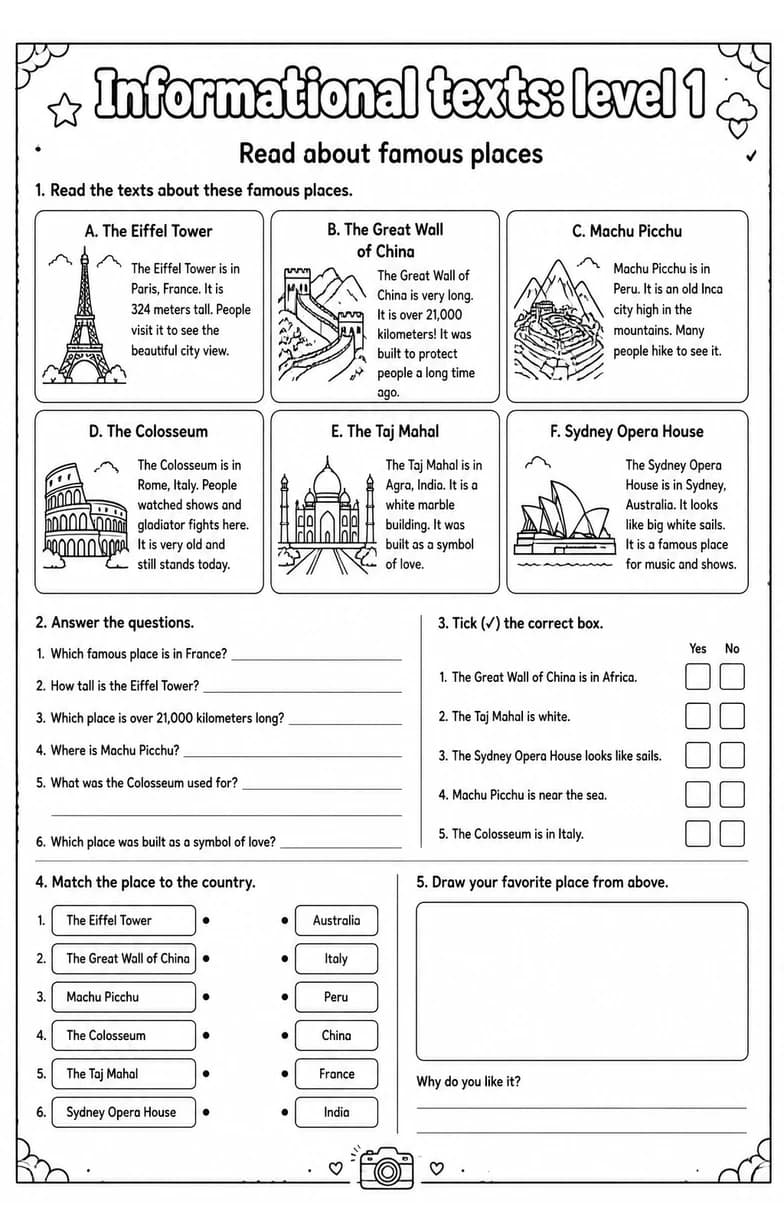 Read about famous places — free printable Reading strategies English worksheet