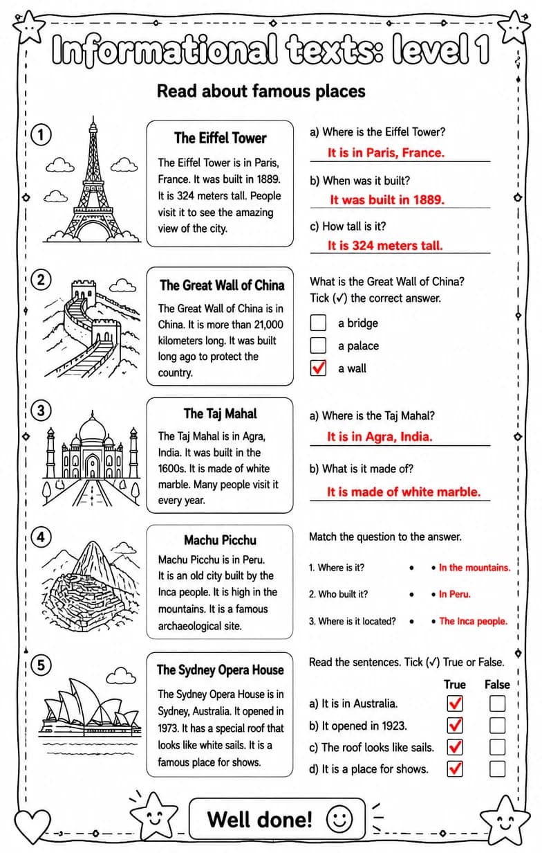 Answer key for Read about famous places — free printable English & Reading worksheet