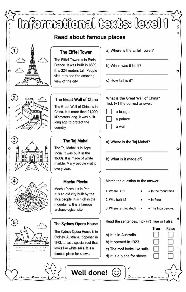 Read about famous places — free printable Grade 5 English & Reading worksheet
