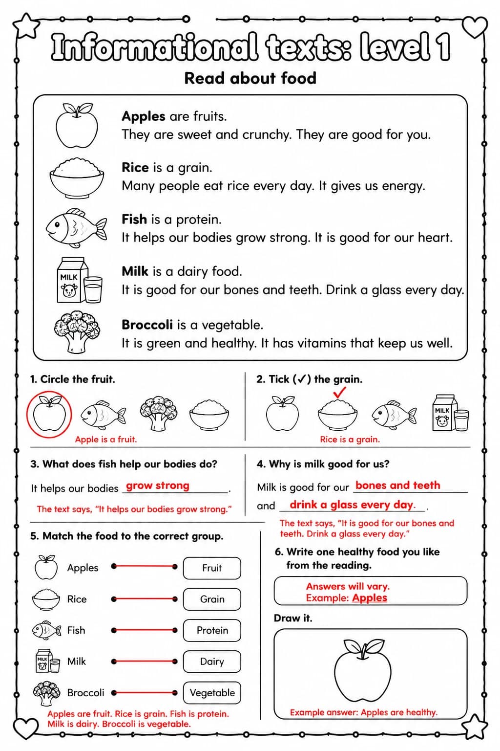 Answer key for Read about food — free printable English & Reading worksheet