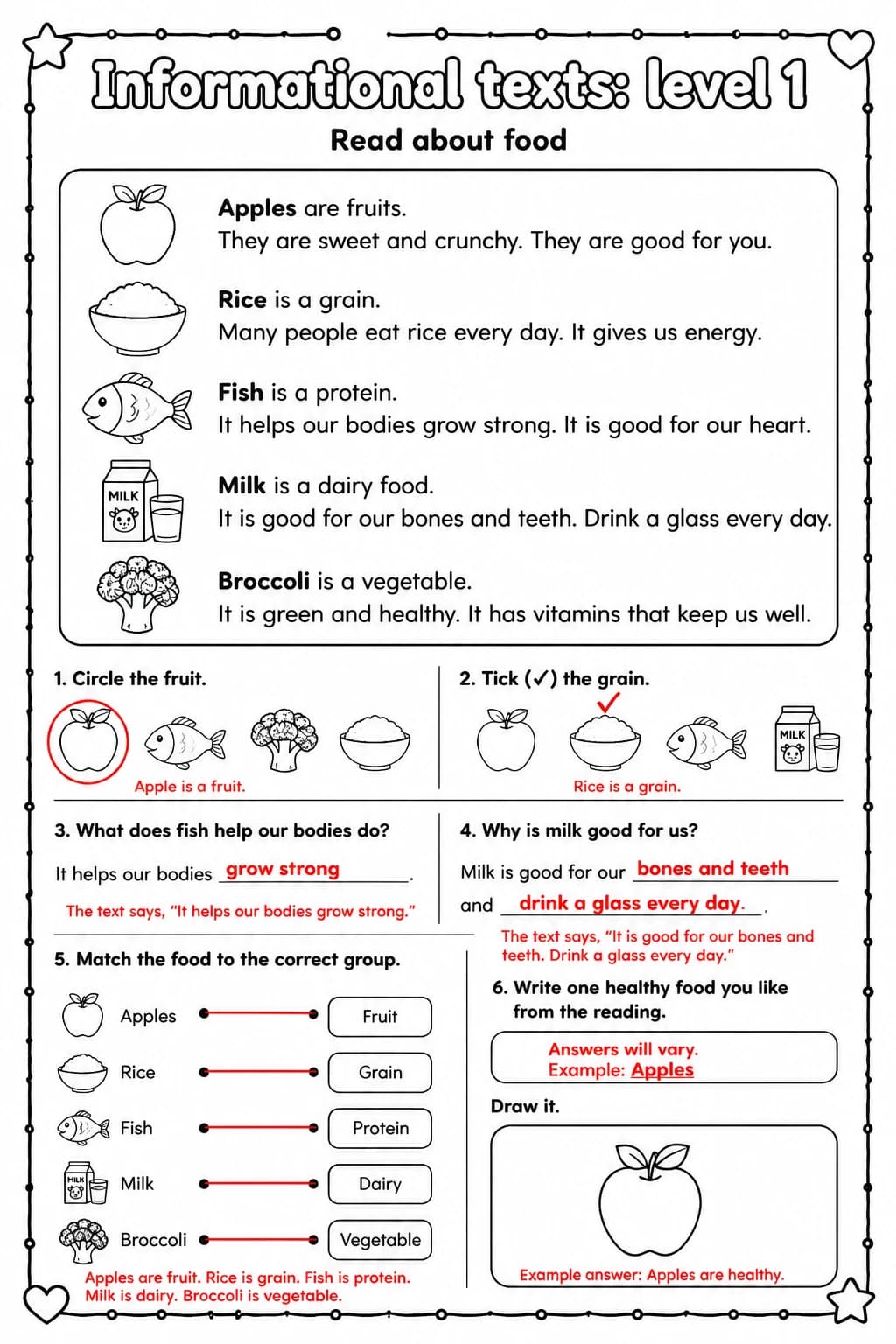 Answer key for Read about food — free printable English & Reading worksheet