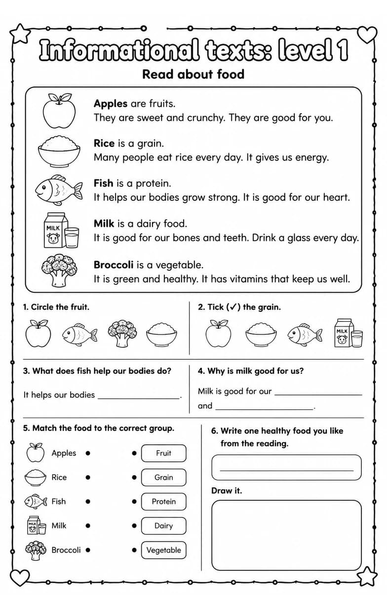 Read about food — free printable Grade 3 English & Reading worksheet