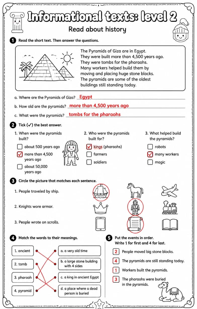 Answer key for Read about history — free printable English & Reading worksheet