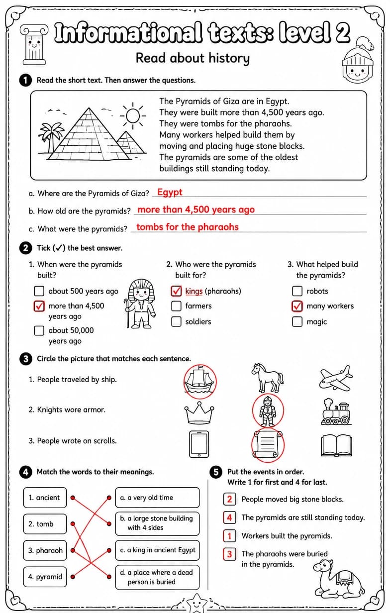 Answer key for Read about history — free printable English & Reading worksheet