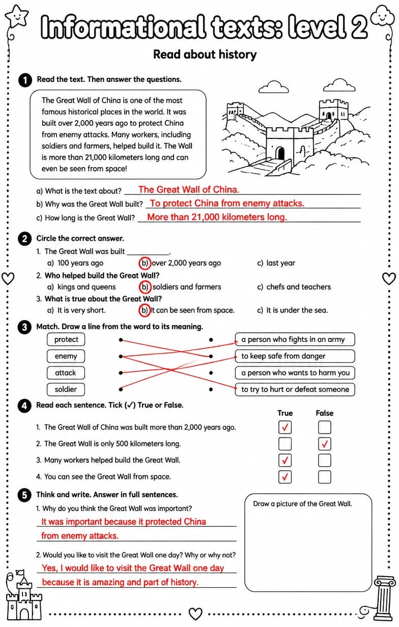 Answer key for Read about history — free printable English & Reading worksheet