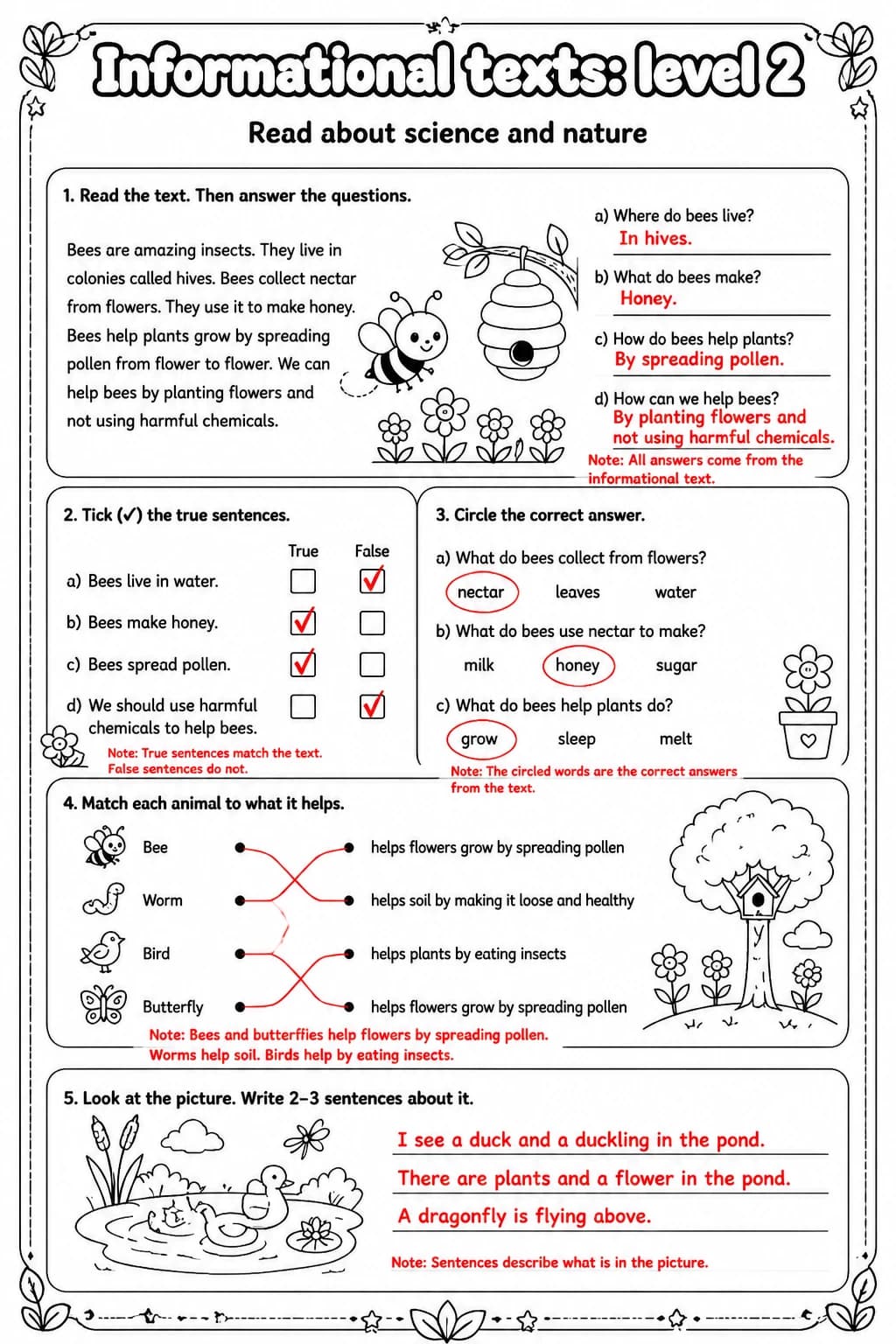 Answer key for Read about science and nature — free printable English & Reading worksheet